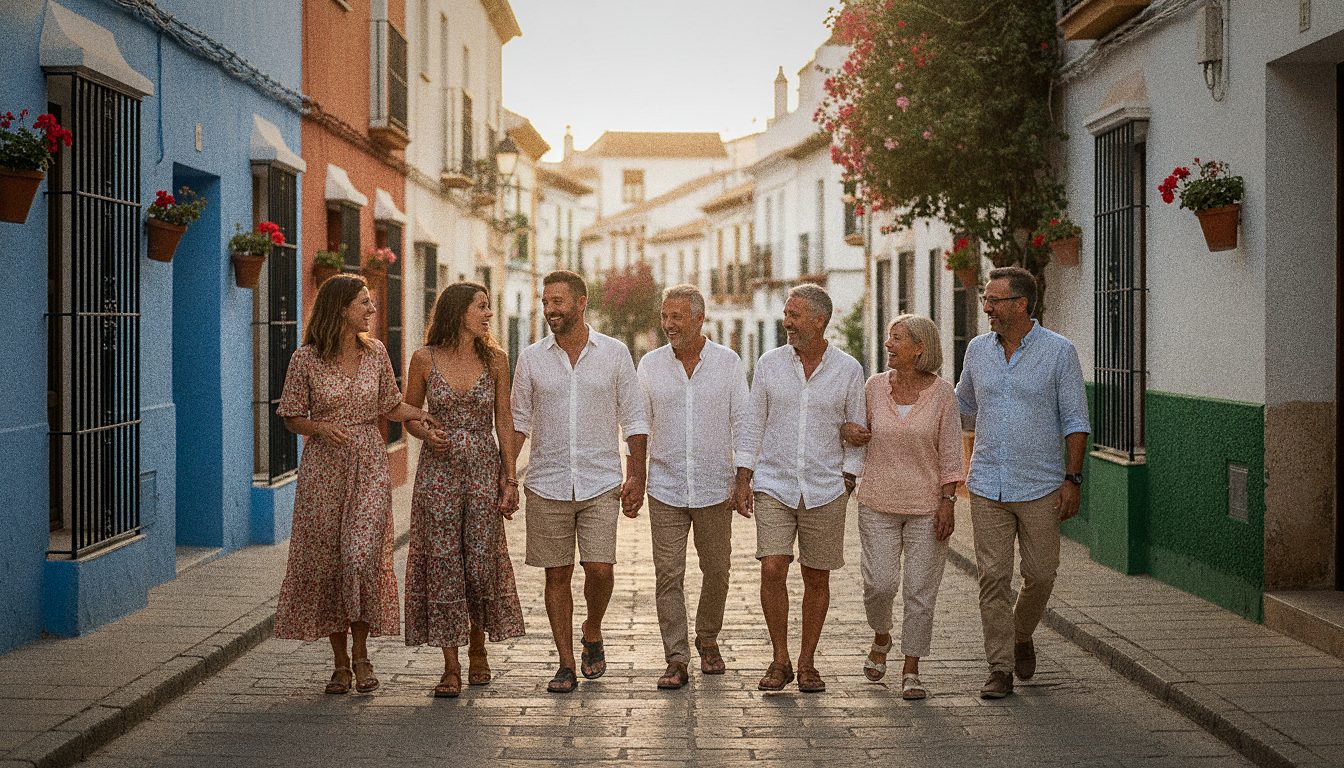 Calle animada de un barrio de Madrid con gente socializando